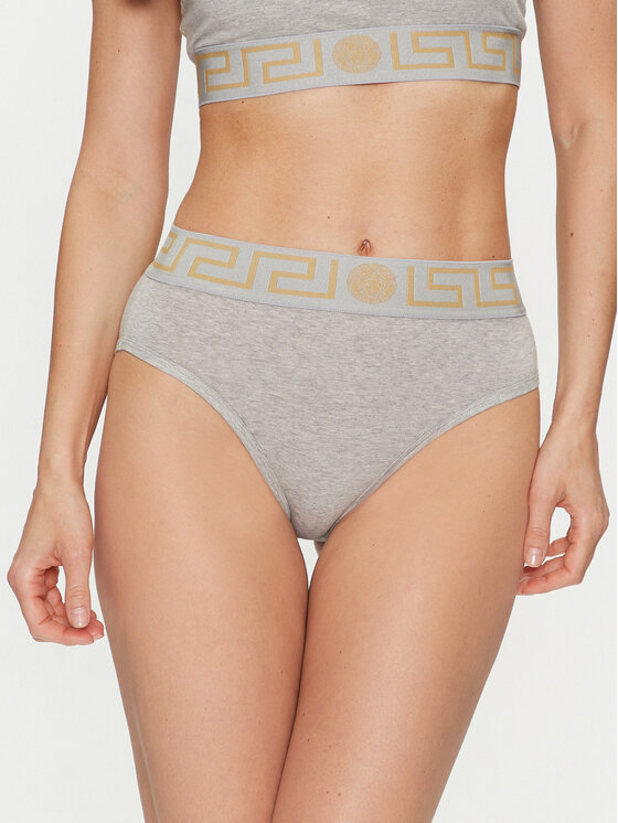 Versace Versace Klasične spodnje hlačke z visokim pasom Greca Border AUD01050 Siva