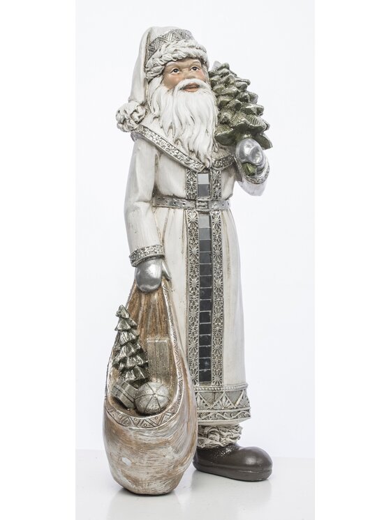 MIAhome MIAhome Figurka Mikołaj w płaszczu z workiem prezentów i choinką 31,5x13x11 cm Biały