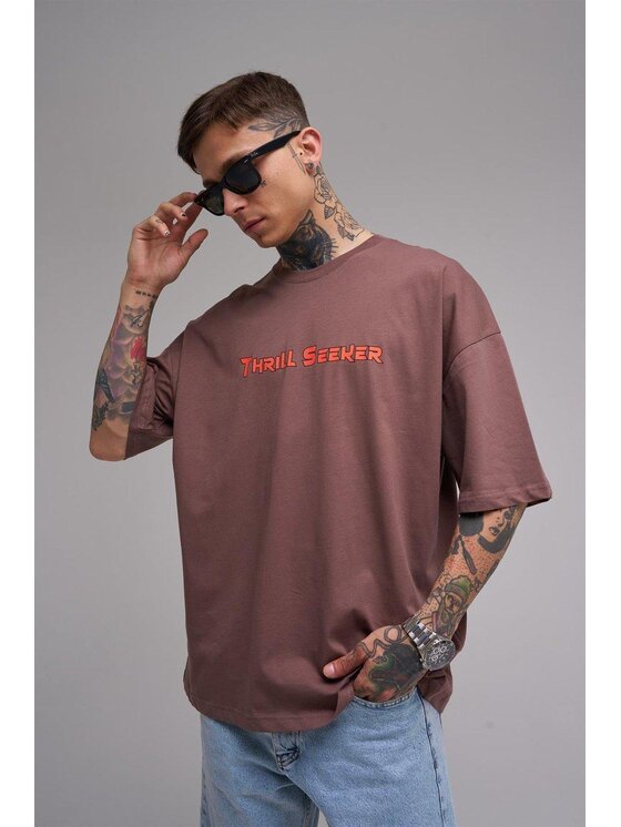 MyStars MyStars T-Shirt Koszulka Z Krótkim Rękawem Oversize Ciemna Brązowa Machinist Thrill Seeker L Brązowy Oversize