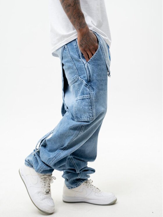 Jigga Wear Jigga Wear Ogrodniczki Spodnie Jeansowe Ogrodniczki Męskie Jasne Niebieskie Jigga Wear Logo Dungarees Baggy XL Niebieski Baggy Fit
