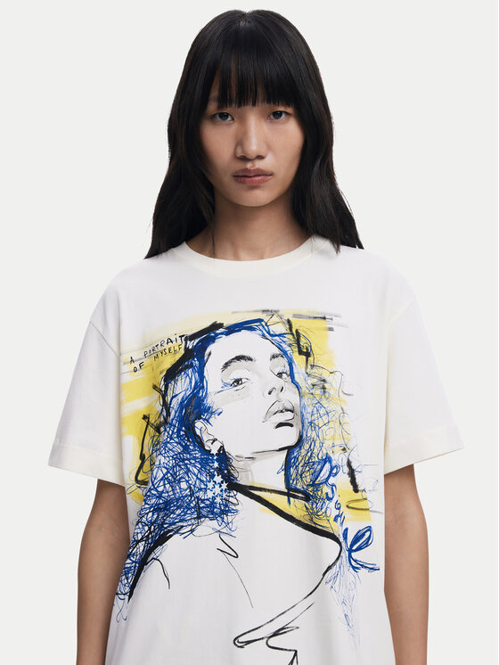 Desigual Desigual T-krekls Portrait 25WWTK05 Balts Loose Fit