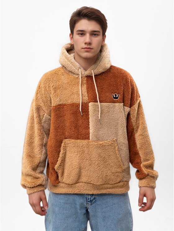 Bluza, rozmiar XXL, Brązowy, Bluza Sherpa Z Kapturem Męska Brązowa / Beżowa Teddy Simple Crown L