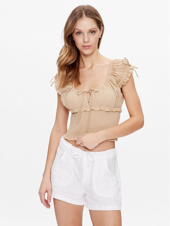 BDG Urban Outfitters Topiņš BDG NOVA ROUCHED BLOUSE 76505569 Écru Slim Fit