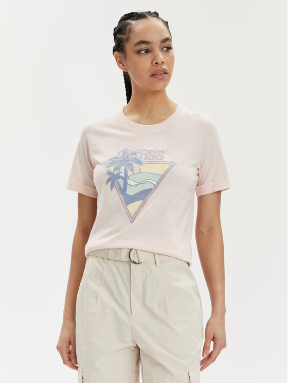 Guess Guess Тишърт Ss Rn Beach Triangle W4GI32 JA914 Розов Regular Fit