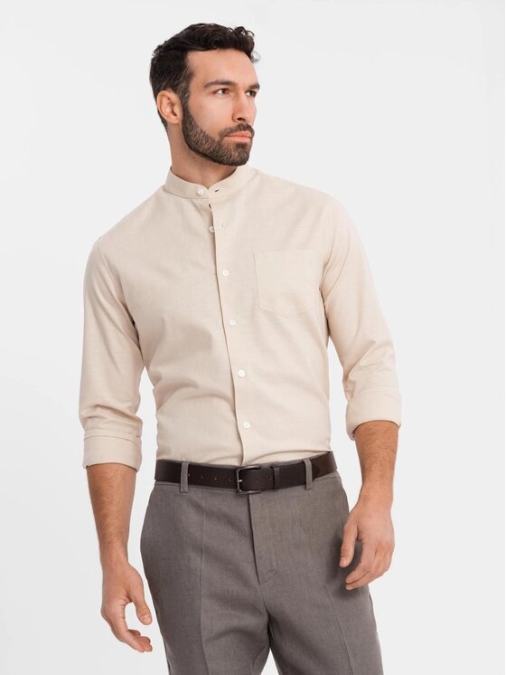 Ombre Ombre Koszula OM-SHCS-0161 Beżowy Regular Fit