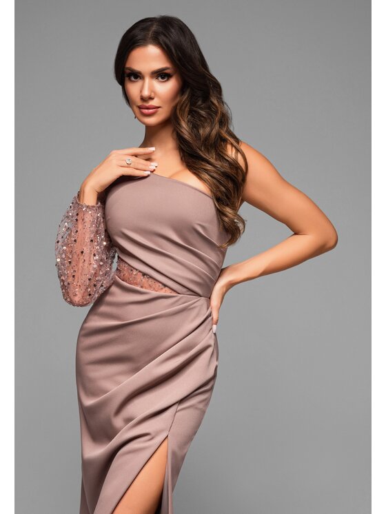 Ombre Ombre Sukienka wieczorowa LA-OM-DLR011 Beżowy Regular Fit