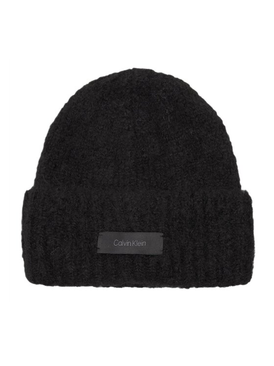 Czapka Calvin Klein, Czarne, SATIN LABEL WOOL-BLEND BEANIE K60K611161