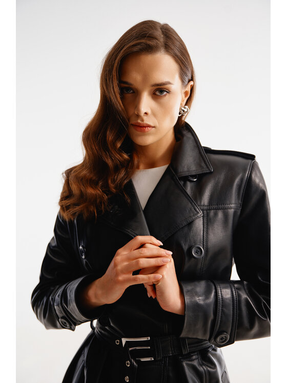 Mimika Mimika Płaszcz skórzany VARSOVIA KLASYCZNY TRENCH ABSOLUTE BLACK Czarny Regular Fit