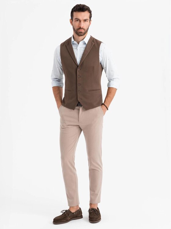 Ombre Ombre Kamizelka garniturowa OM-BLZV-0144 Brązowy Slim Fit
