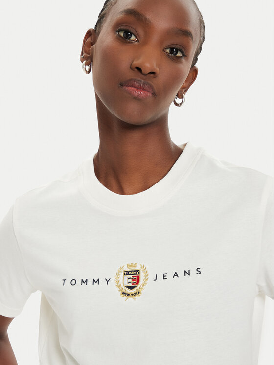 Tommy Jeans T Shirt Crest Linear DW0DW18795 Ecru Regular Fit Modivo