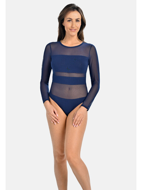 Teyli Teyli Body z wiskozy z siateczką Stripy Niebieski Regular Fit