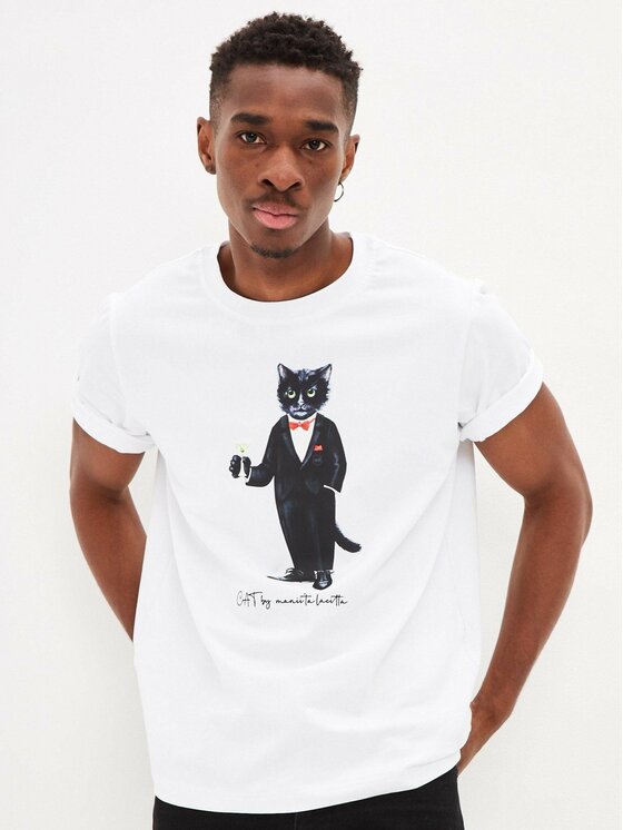 CAT by maniita lacitta CAT by maniita lacitta T-Shirt Printed men's t-shirt with CAT Biały Regular Fit