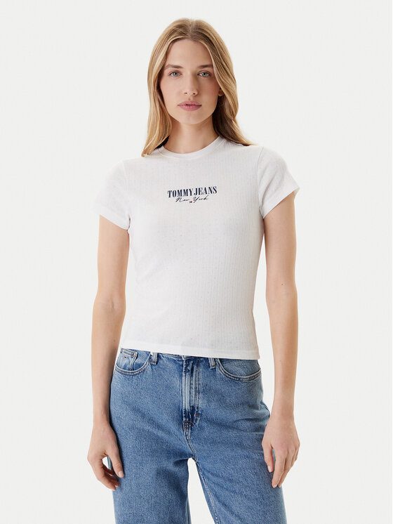 Tommy Jeans T-Shirt Logo Pointelle DW0DW20899 Εκρού Slim Fit