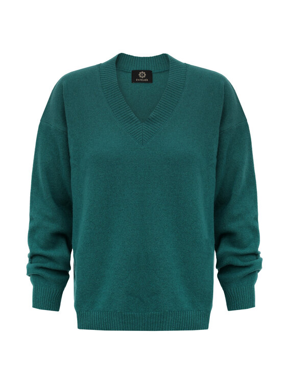 Entelier Entelier Sweter kaszmir dekolt w serek Zielony Relaxed Fit