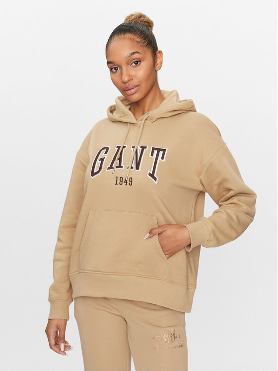 Gant Mikina Rel Logo Hoodie 4200726 Kaki Relaxed Fit