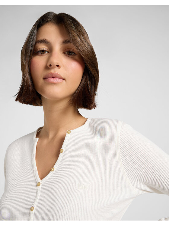 Lee Lee Bluzka WASHED WAFFLE HENLEY Biały Slim Fit