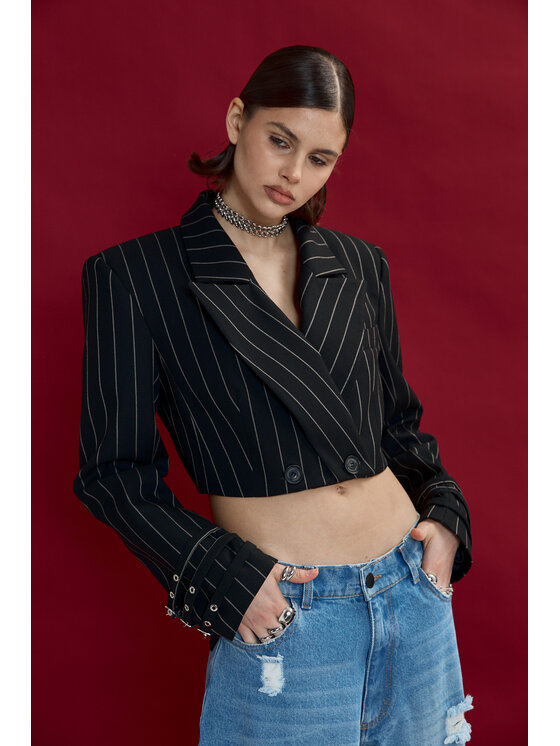Marynarka Laretaggio, Rozmiar M/L, Czarny, Abano Cropped double breasted blazer in stripes