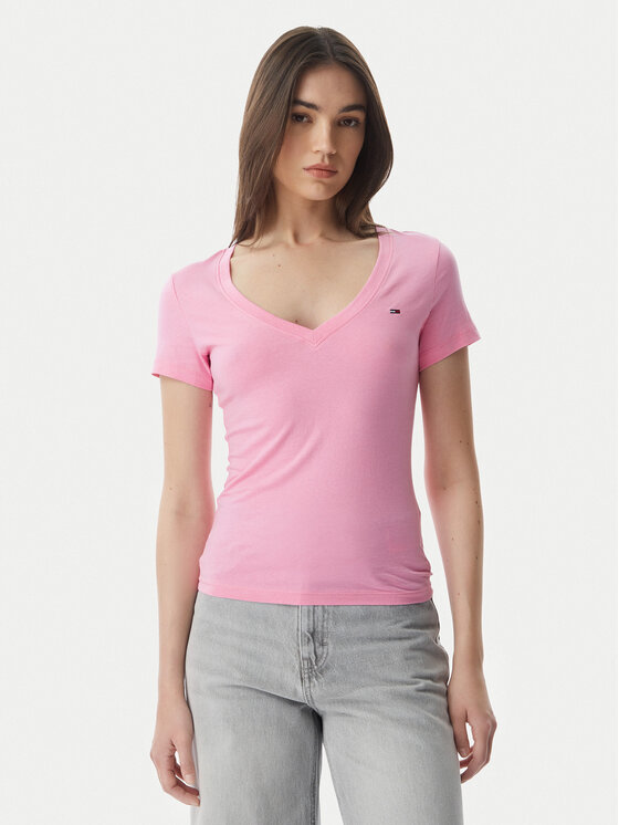 Tommy Jeans Póló DW0DW20458 Világos rózsaszín Slim Fit