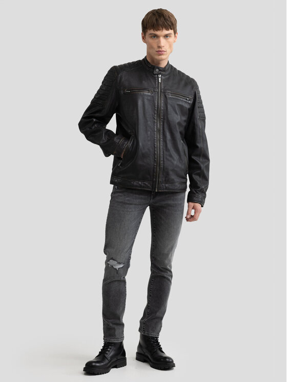 BIG STAR BIG STAR Kurtka skórzana HIDEO_906_130 Czarny Basic Fit