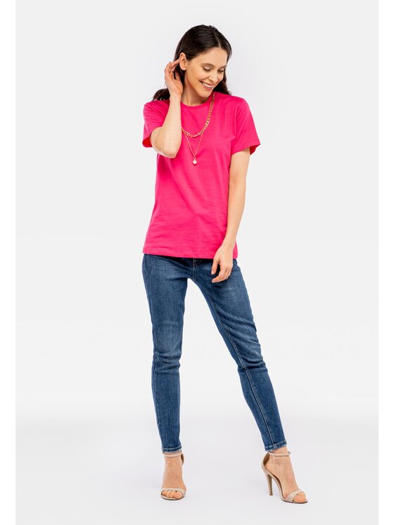 Perso Perso T-Shirt z naszyjnikiem z perłą Różowy Slim Fit