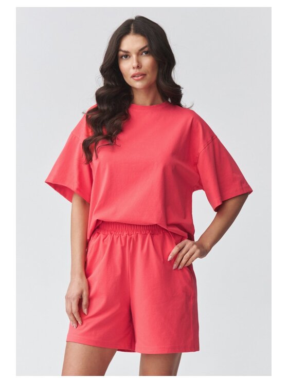 Makadamia Makadamia Komplet bluzka i szorty sportowe M935 Koralowy Loose Fit