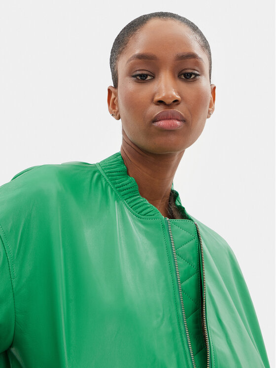 Giacca In Pelle Sintetica Donna Diss P6638 - Verde Scuro, Taglio Sottile, Collo Alto, Chiusura Lampo