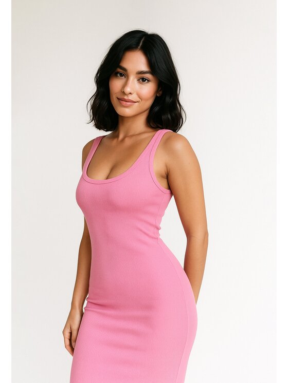 Nudyess Nudyess Sukienka letnia Tina midi z prążka Różowy Fitted Fit