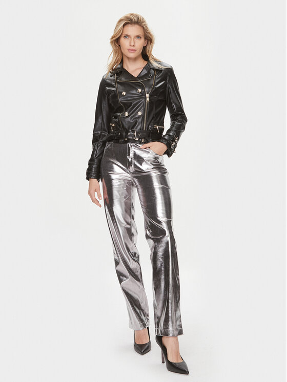 Guess Guess Dirbtinės odos kelnės W4RB33 WFWP0 Sidabrinė Regular Fit