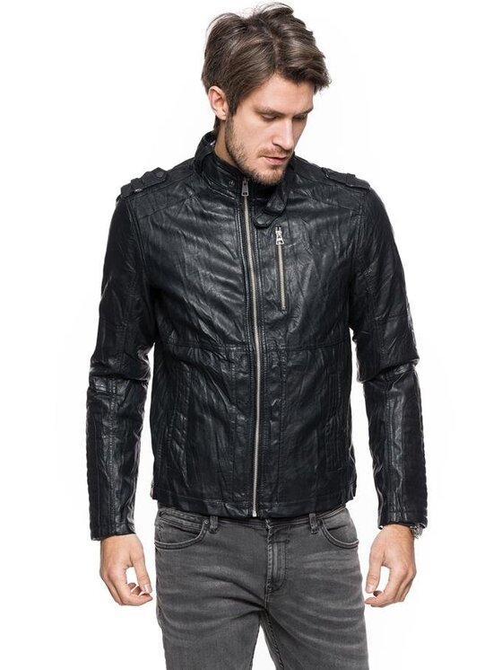 Tom Tailor Tom Tailor Kurtka skórzana BIKER JACKET Czarny Regular Fit