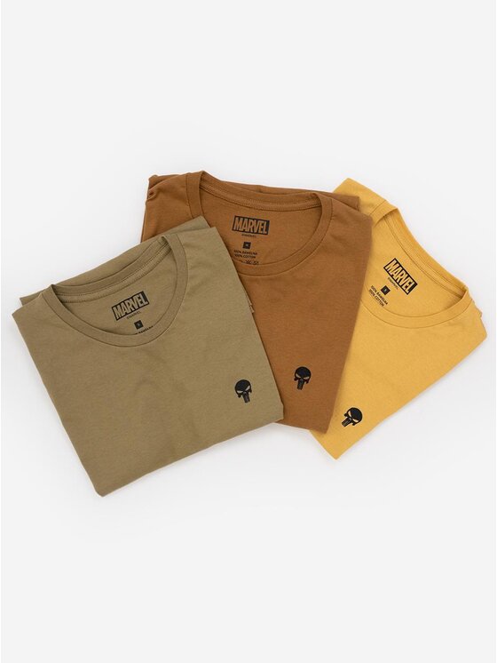 Marvel Marvel Komplet 3 t-shirtów Zestaw 3 Koszulek Męskich Brązowa / Zielona / Beżowa Marvel Comics Punisher Mini Logo M Khaki Regular Fit