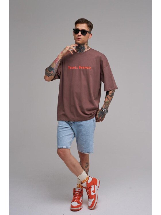 MyStars MyStars T-Shirt Koszulka Z Krótkim Rękawem Oversize Ciemna Brązowa Machinist Thrill Seeker L Brązowy Oversize