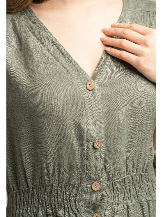 Perso Perso Sukienka codzienna lniana z guzikami Khaki Regular Fit