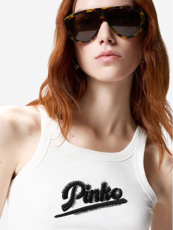PINKO PINKO Top Canotta con ricamo e strass Bianco Slim Fit