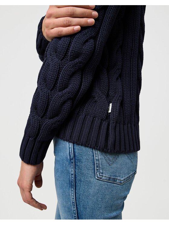 Wrangler Wrangler Sweter CABLE KNIT CREW Niebieski Regular Fit