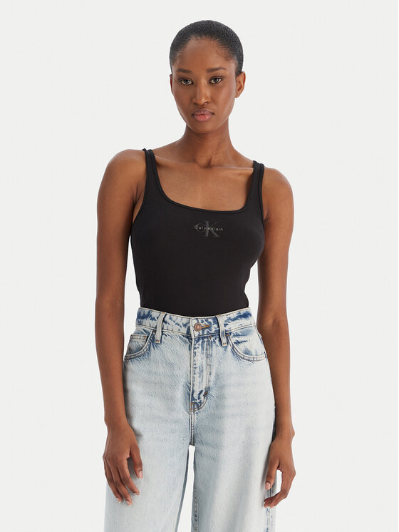 Calvin Klein Jeans Calvin Klein Jeans Top Monologo Scoop Nk Rib LV047A804G Černá Slim Fit