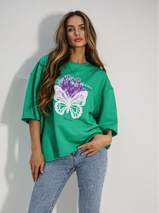 LilaLou LilaLou Tričko Butterfly Zelená Oversize