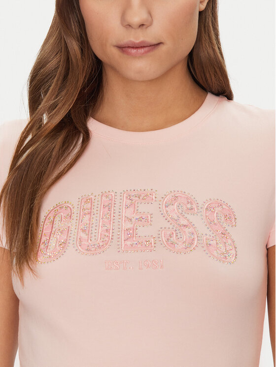 Guess Guess Marškinėliai W5GI04 J1314 Rožinė Slim Fit