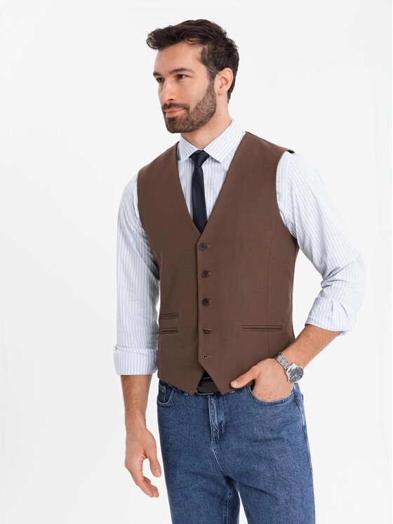 Ombre Ombre Kamizelka garniturowa OM-BLZV-0142 Brązowy Slim Fit
