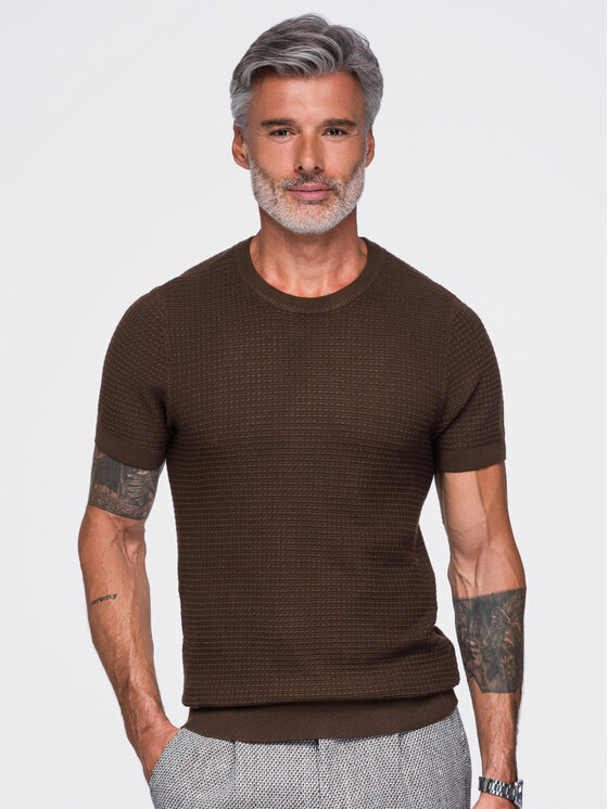 Ombre Ombre T-Shirt OM-TSCT-0303 Tmavě hnědá Slim Fit