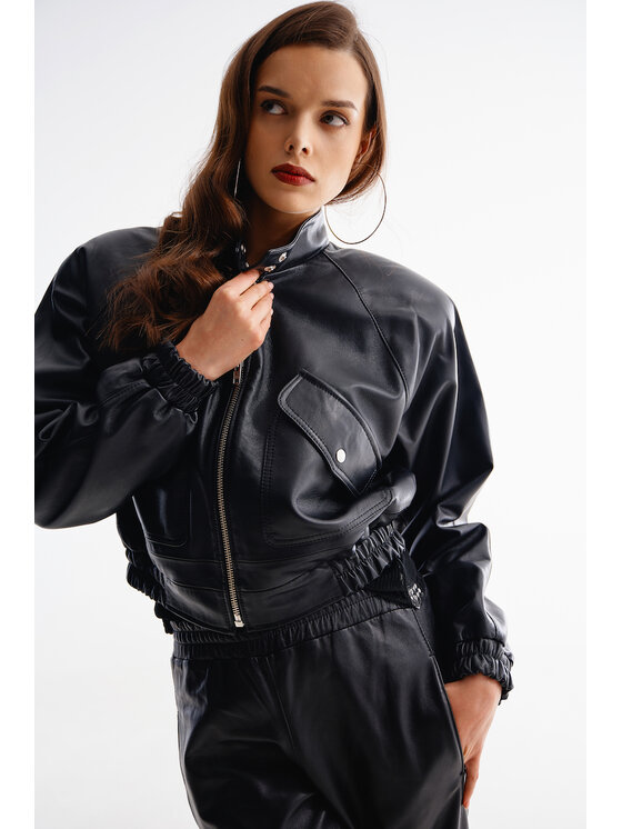 Mimika Mimika Kurtka skórzana bomber n^6 absolute black Czarny Relaxed Fit