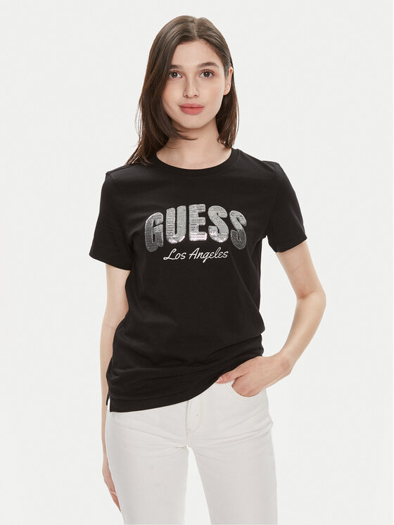 Guess Majica Ss Rn Sequins Logo T W4GI31 I3Z14 Črna Regular Fit