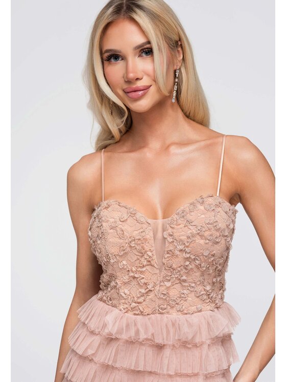 Ombre Ombre Večerní šaty LA-OM-DLR384 Béžová Slim Fit
