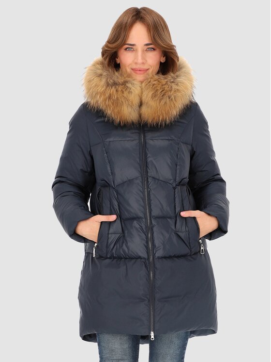 Perso Perso Kurtka puchowa z naturalnym futrem Granatowy Slim Fit