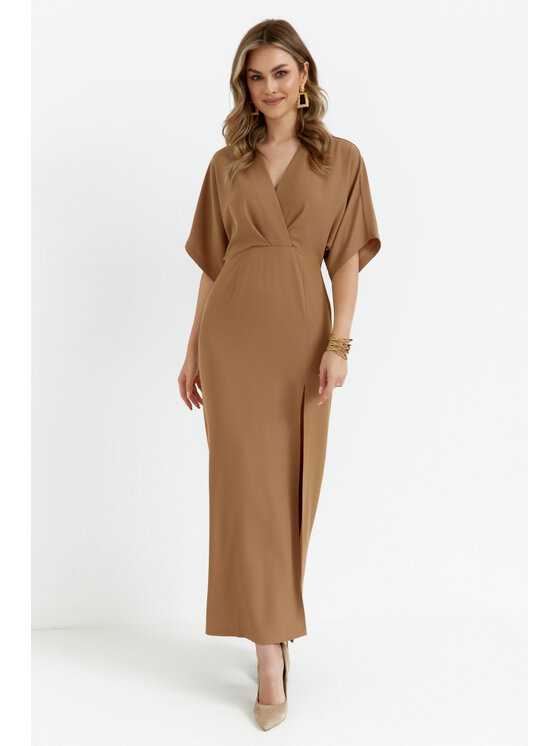 Makover Makover Sukienka codzienna K163 Beżowy Modern Fit
