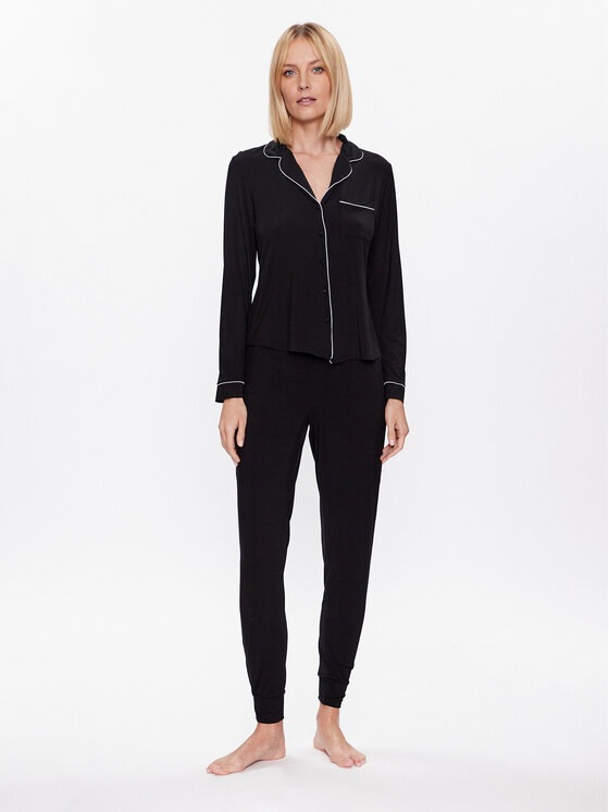 Hunkemöller Hunkemöller Koszulka piżamowa Jacket 201739 Czarny Regular Fit