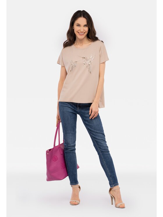Perso Perso T-Shirt z błyszczącym nadrukiem Beżowy Regular Fit