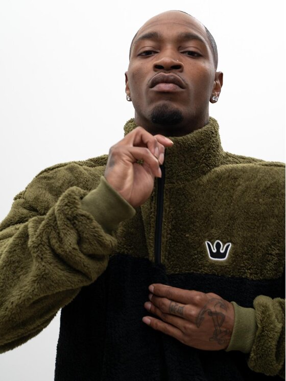 Jigga Wear Jigga Wear Bluza Sherpa Rozpinana Do Połowy Polarowa Miś Męska Oversize Czarna Oliwkowa Jigga Track M Khaki Regular Fit