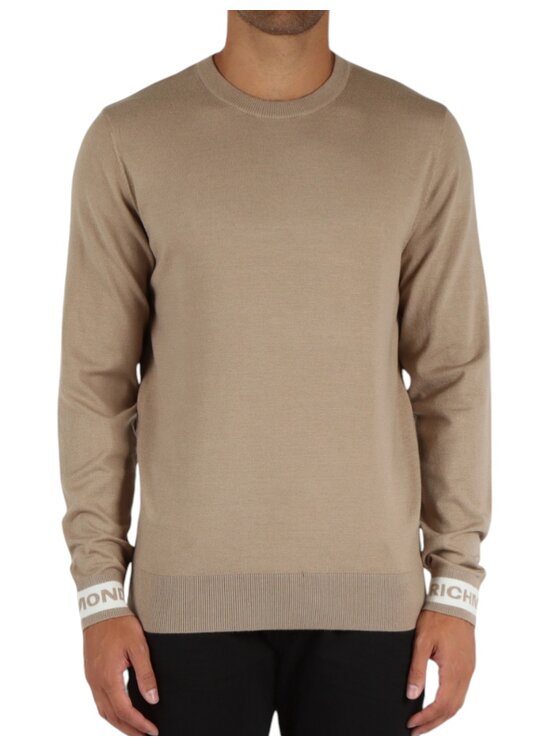 Richmond X Richmond X Sweter maglia uomo di colore beige con logo sui polsi Beżowy Regular Fit