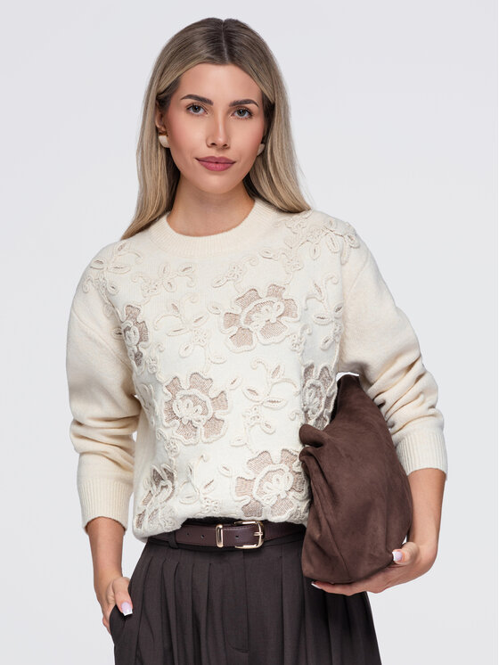 Ombre Ombre Sweter OW-SW-E0036 Kremowy Regular Fit