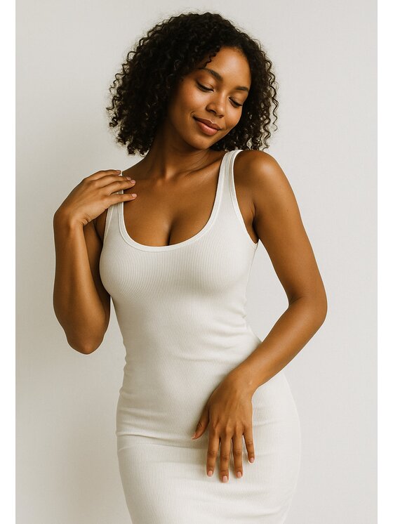 Nudyess Nudyess Sukienka letnia Tina midi z prążka Écru Fitted Fit